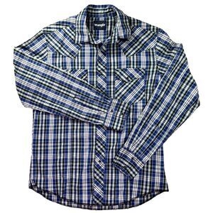Wrangler Shirt Mens Medium Blue Pearl Snap Plaid Western Rodeo Cowboy Yellowston